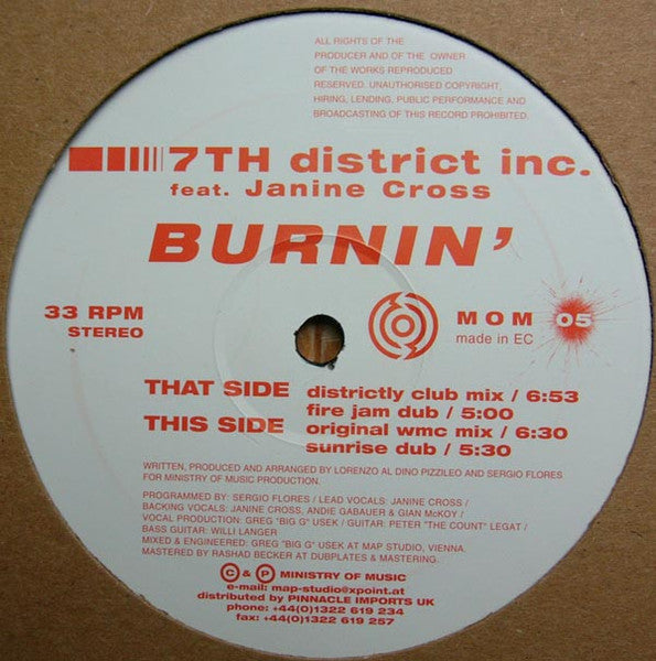 7th District Inc. Feat. Janine Cross - Burnin' (12"")
