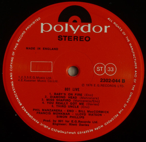 801 - 801 Live (LP, Album, RE)