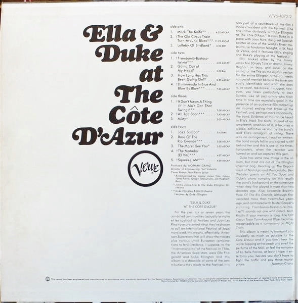 Ella Fitzgerald - Ella & Duke At The Côte D'Azur(2xLP, Album)