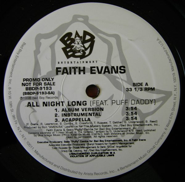 Faith Evans Feat. Puff Daddy - All Night Long (12"", Promo)