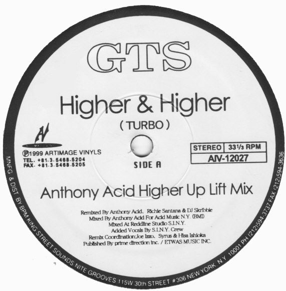 GTS - Higher & Higher (Anthony Acid Higher Up Lift Mix) (12"")