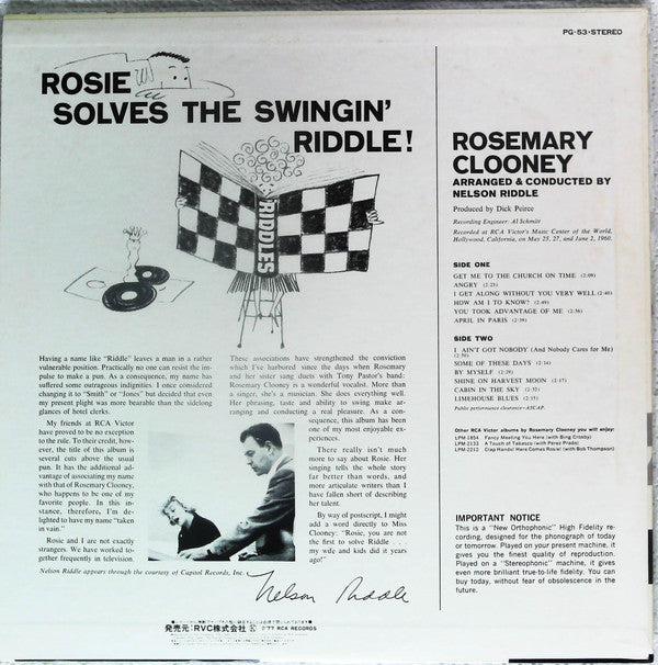 Rosemary Clooney Arranged & Conducted By Nelson Riddle - Rosie Solves The Swingin' Riddle! (LP, Promo)