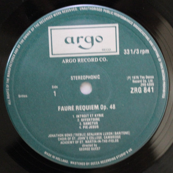Fauré*, The Choir Of St. Johns College, Cambridge*, The Academy Of St. Martin In The Fields*, Benjamin Luxon, Jonathan Bond (2) Directed By George Guest (2) - Messe De Requiem Op.48 / Cantique De Jean Racine Op.11 (LP)