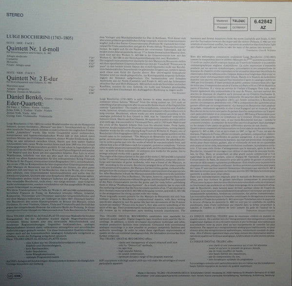 Luigi Boccherini - Dániel Benkő • Eder-Quartett* - Gitarrenquintette Nr.1&2 • Guitar Quintets • Quintettes Pour Guitarre (LP, Album)