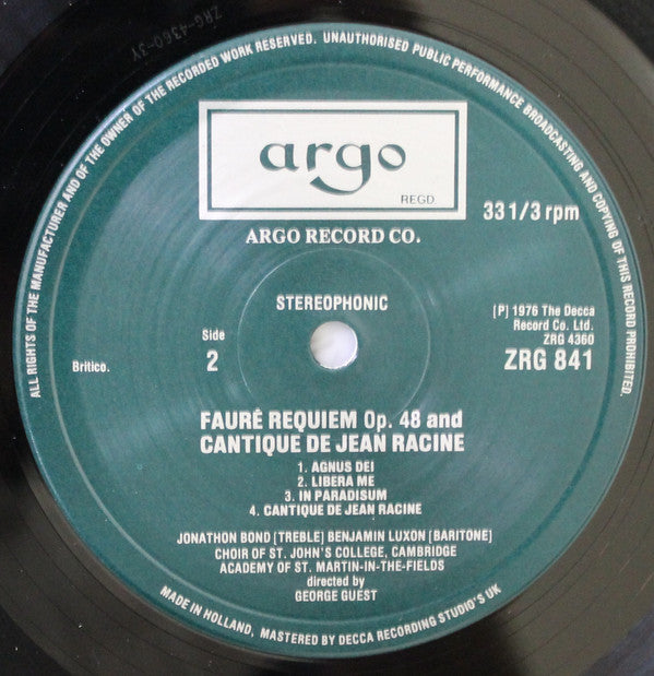 Fauré*, The Choir Of St. Johns College, Cambridge*, The Academy Of St. Martin In The Fields*, Benjamin Luxon, Jonathan Bond (2) Directed By George Guest (2) - Messe De Requiem Op.48 / Cantique De Jean Racine Op.11 (LP)