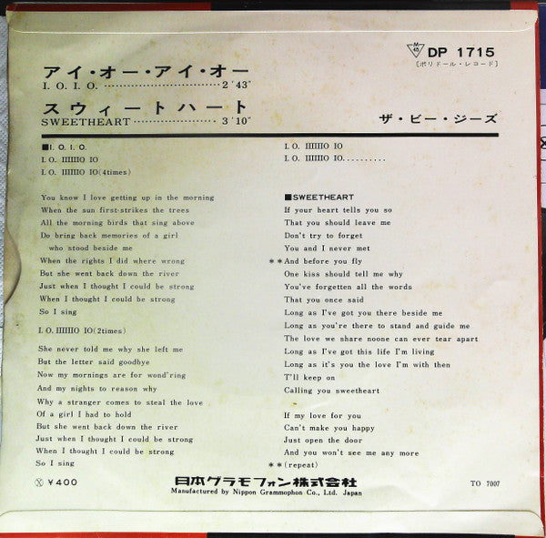 The Bee Gees* - I.O.I.O. / Sweetheart (7"", Single, Mono)