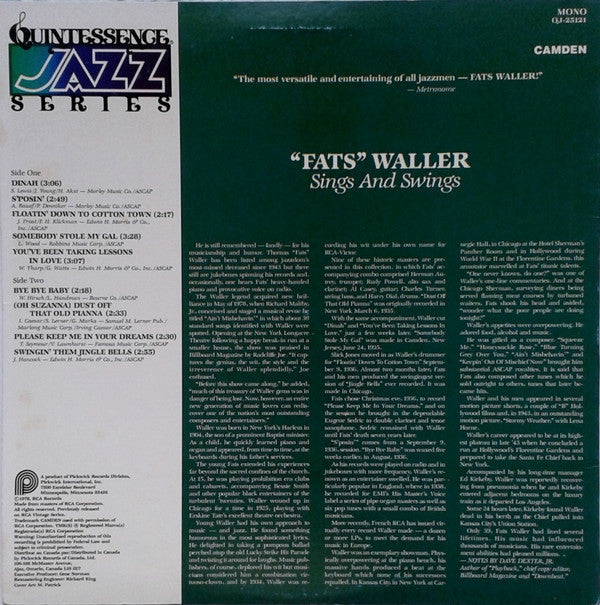 ""Fats"" Waller* - Sings And Swings (LP, Comp)