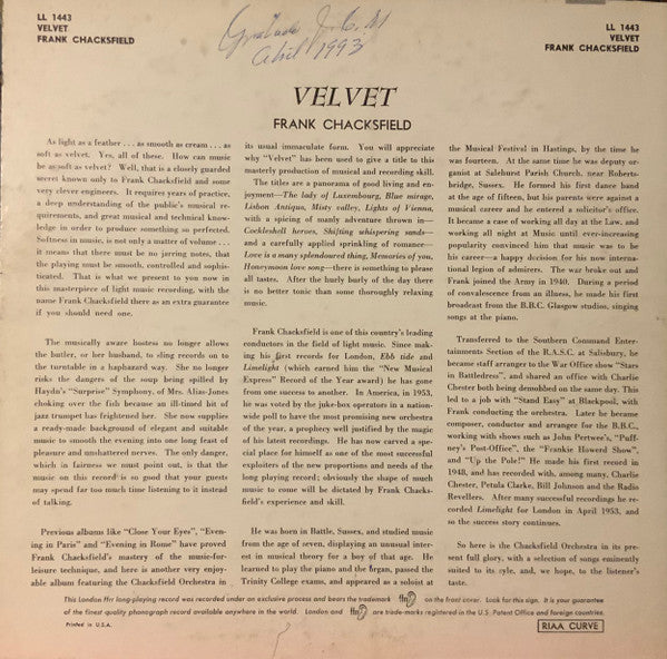 Frank Chacksfield And His Orchestra* - Velvet (LP, Album, Mono)