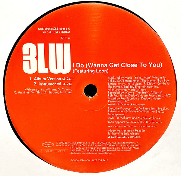 3LW Featuring Loon - I Do (Wanna Get Close To You) (12"", Promo)