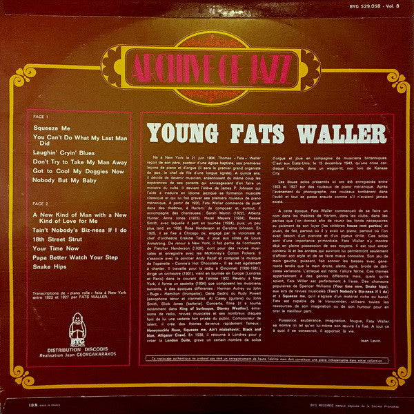 Fats Waller - Archive Of Jazz Volume 8 - Young Fats Waller(LP, Comp...
