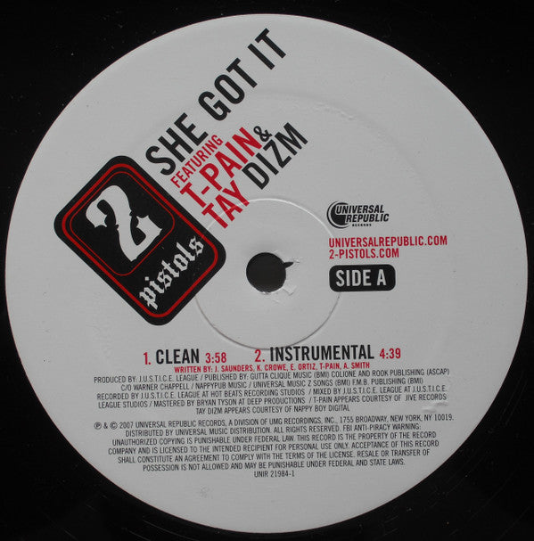 2 Pistols Featuring T-Pain & Tay Dizm - She Got It (12"", Single)