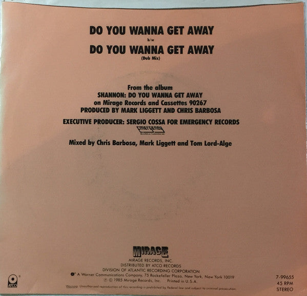 Shannon - Do You Wanna Get Away (7"", Single)