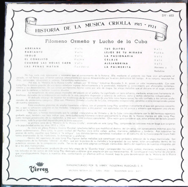 Filomeno Ormeño Belmonte - Historia De La Música Criolla 1915 - 192...