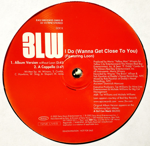 3LW Featuring Loon - I Do (Wanna Get Close To You) (12"", Promo)
